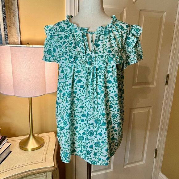 NWOT Draper James Flutter Sleeve Top Blouse Shirt Woodblock Green Floral MEDIUM - Picture 6 of 9